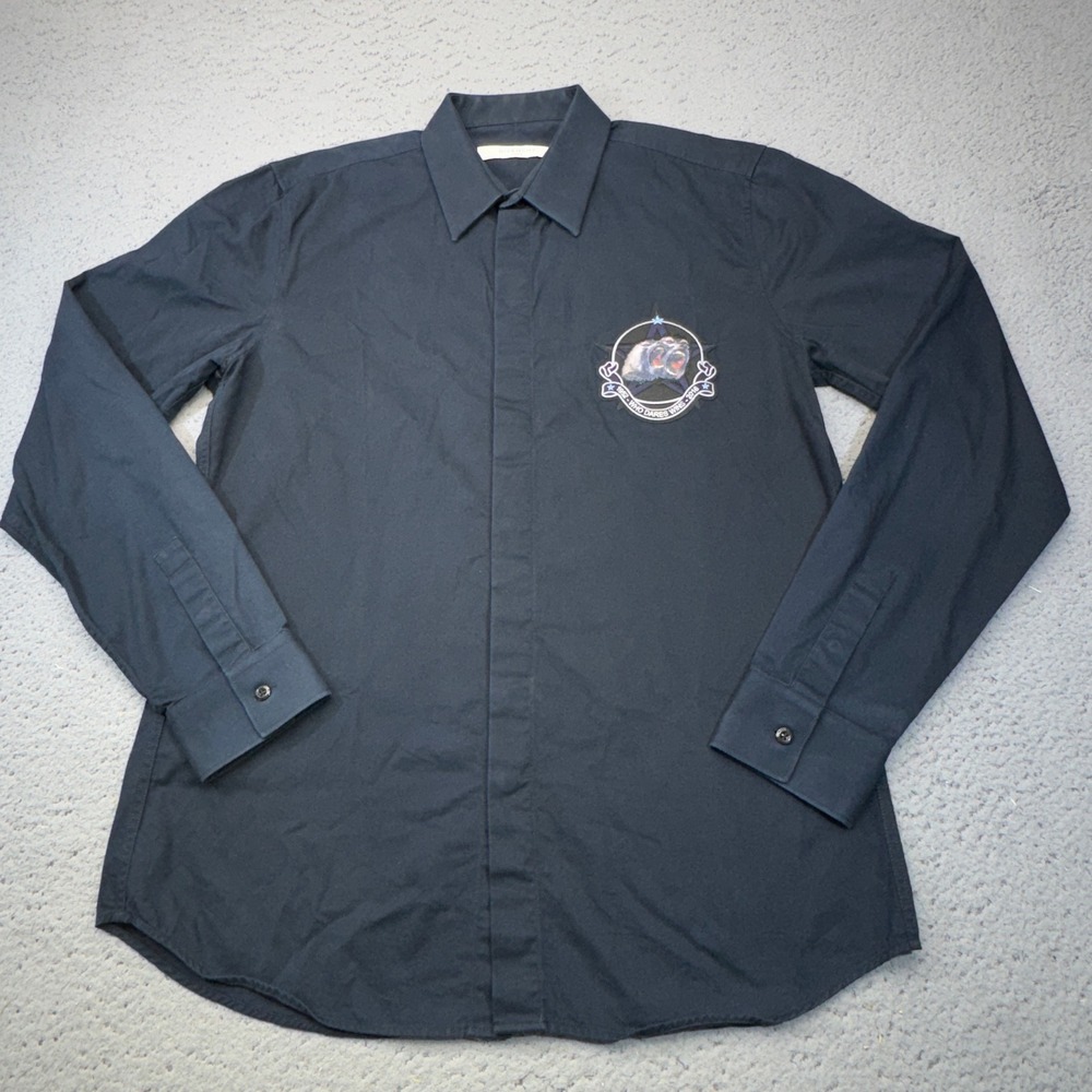 Givenchy Button Down Mens 38 Blue Monkey Brothers Patch Who Dares Wins